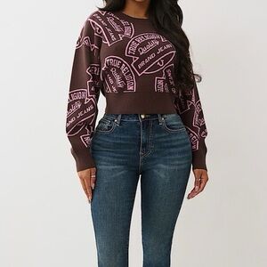NWT True Religion Brown and Pink Crew Neck Monogram Jacquard Sweater Medium